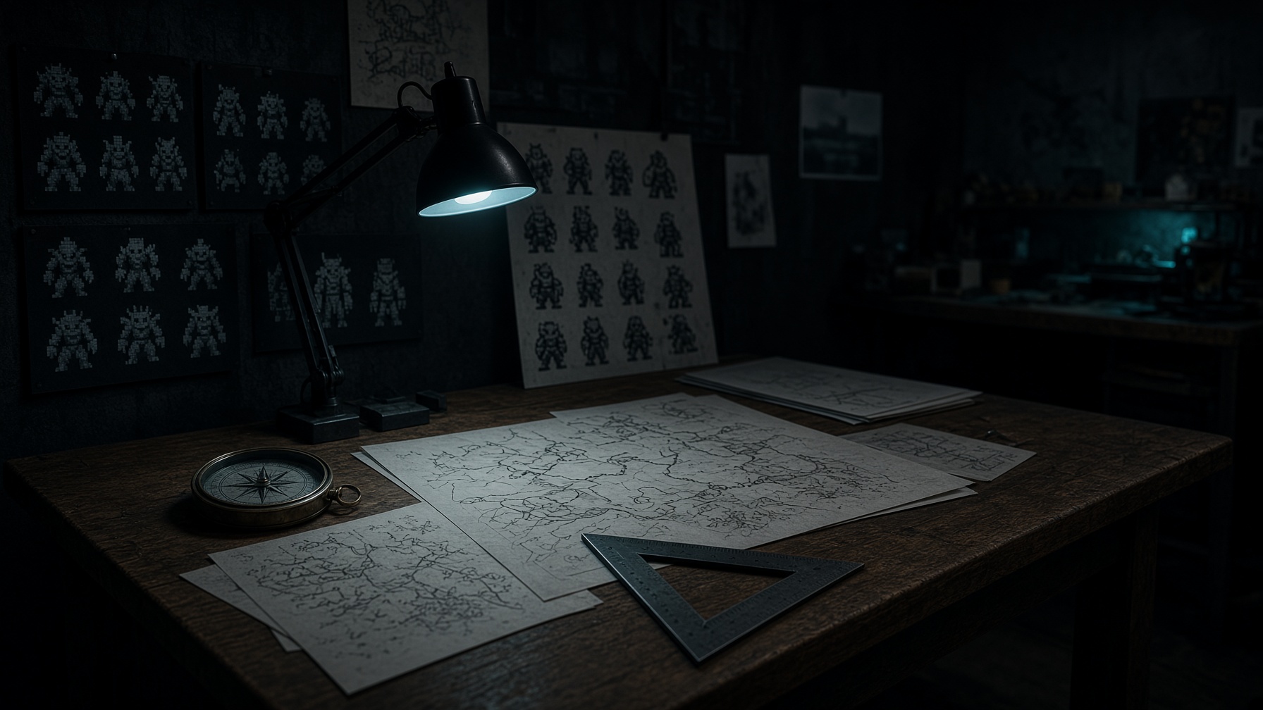 A dark game-design atelier with maps, sprite sheets, and a steel lamp